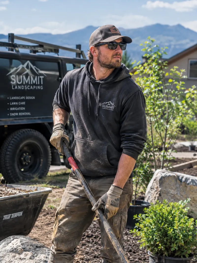 Landscaper in a work hoodie shoveling mulch beside a branded landscaping truck on a residential job site